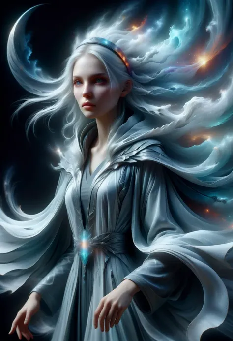 hyper detailed masterpiece, dynamic realistic digital art, awesome quality, DonMB4nsh33XL otherworldly nebulous pale girl,  oracle robe,   headband, , dissolving <lora:DonMB4nsh33XL-v1.1-000004:0.8>