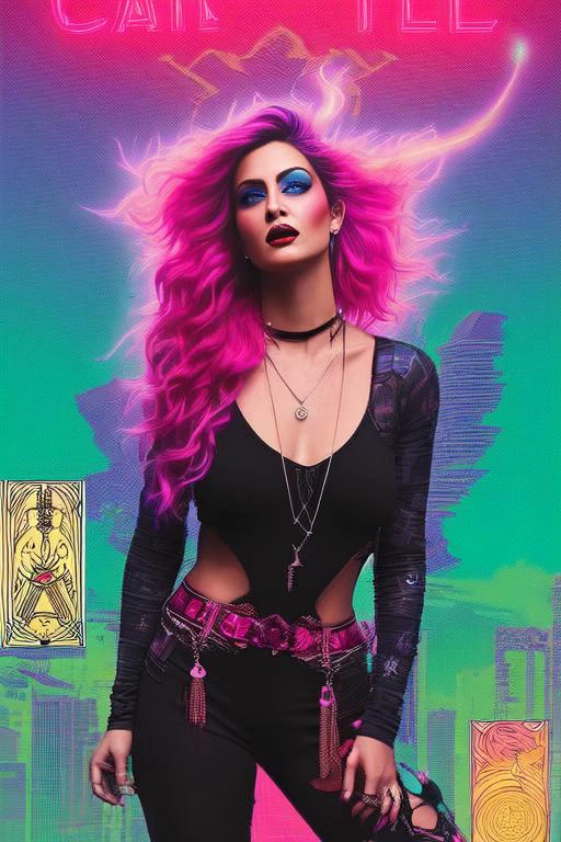 tarot card, trading card style, 1girl, voluptuous woman in a long tshirt, extremely detailed beauty, punk makeup, tokyo sunset,wild hair colors, trending on arstation, synthwave, city punk, vivid colors, rim lighting, octane render, vapodusk1