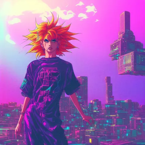 femboy in a long tshirt,  punk makeup, vaporwave elements, digital illustration, manga, 90s, naoko takeuchi style,  tokyo sunset,wild hair colors, trending on arstation, synthwave, city punk, vivid colors, rim lighting, vapodusk1