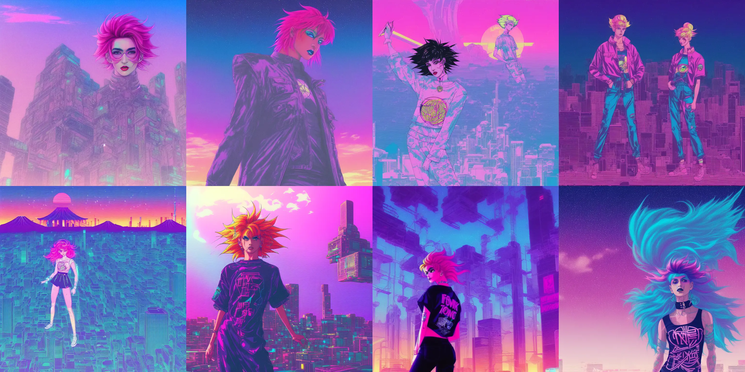 femboy in a long tshirt, punk makeup, vaporwave elements, digital illustration, manga, 90s, naoko takeuchi style, tokyo sunset,wild hair colors, trending on arstation, synthwave, city punk, vivid colors, rim lighting, vapodusk1