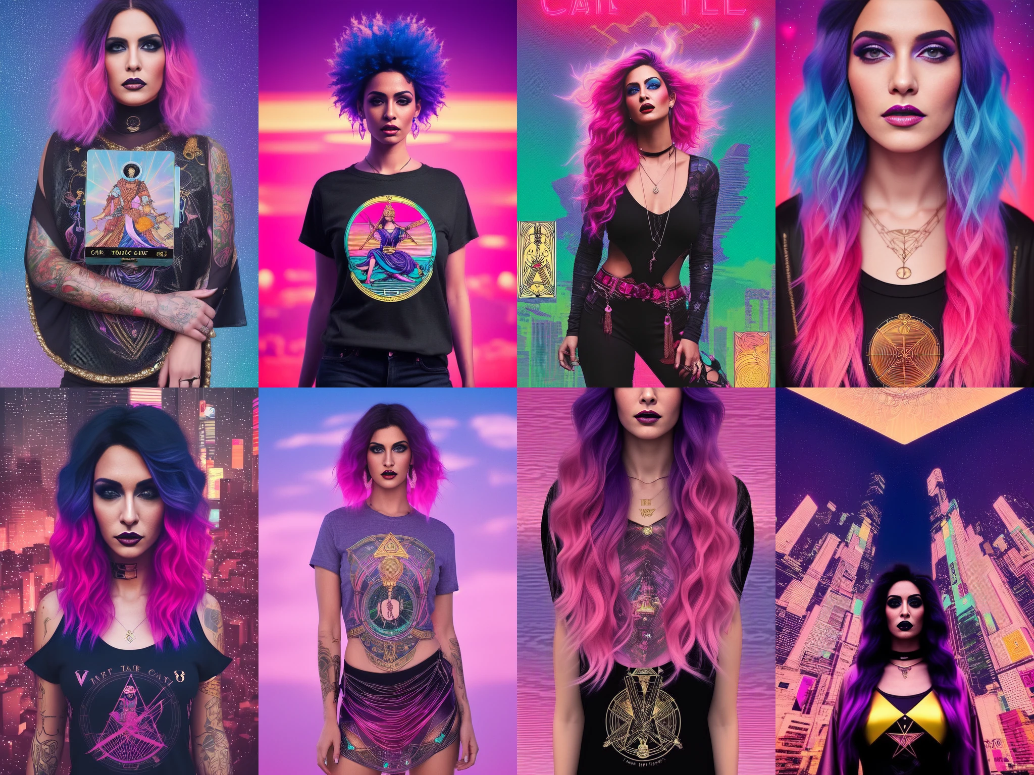 tarot card, trading card style, 1girl, voluptuous woman in a long tshirt, extremely detailed beauty, punk makeup, tokyo sunset,wild hair colors, trending on arstation, synthwave, city punk, vivid colors, rim lighting, octane render, vapodusk1