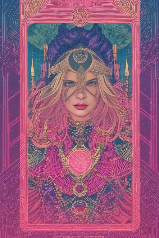 tarot card, trading card style, japanese style writing, 1girl, extremely detail beauty, wild hair colors, trending on arstation, synthwave, city punk, vivid colors, rim lighting, octane render, vapodusk1