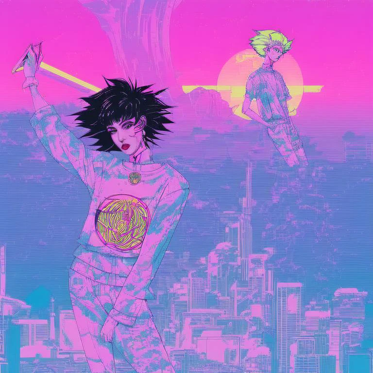 femboy in a long tshirt, punk makeup, vaporwave elements, digital illustration, manga, 90s, naoko takeuchi style, tokyo sunset,wild hair colors, trending on arstation, synthwave, city punk, vivid colors, rim lighting, vapodusk1