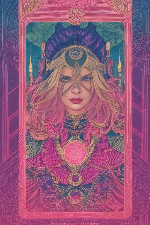 tarot card, trading card style, japanese style writing, 1girl, extremely detail beauty, wild hair colors, trending on arstation, synthwave, city punk, vivid colors, rim lighting, octane render, vapodusk1