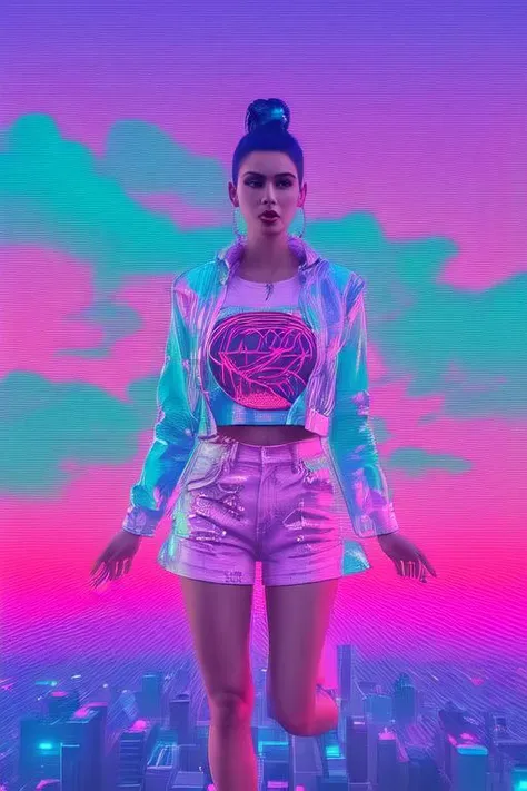1girl, voluptuous large breasted woman in a long tshirt, punk makeup, vaporwave elements, tarot card, trading card style, tokyo sunset,wild hair colors, trending on arstation, synthwave, city punk, vivid colors, rim lighting, octane render, vapodusk1