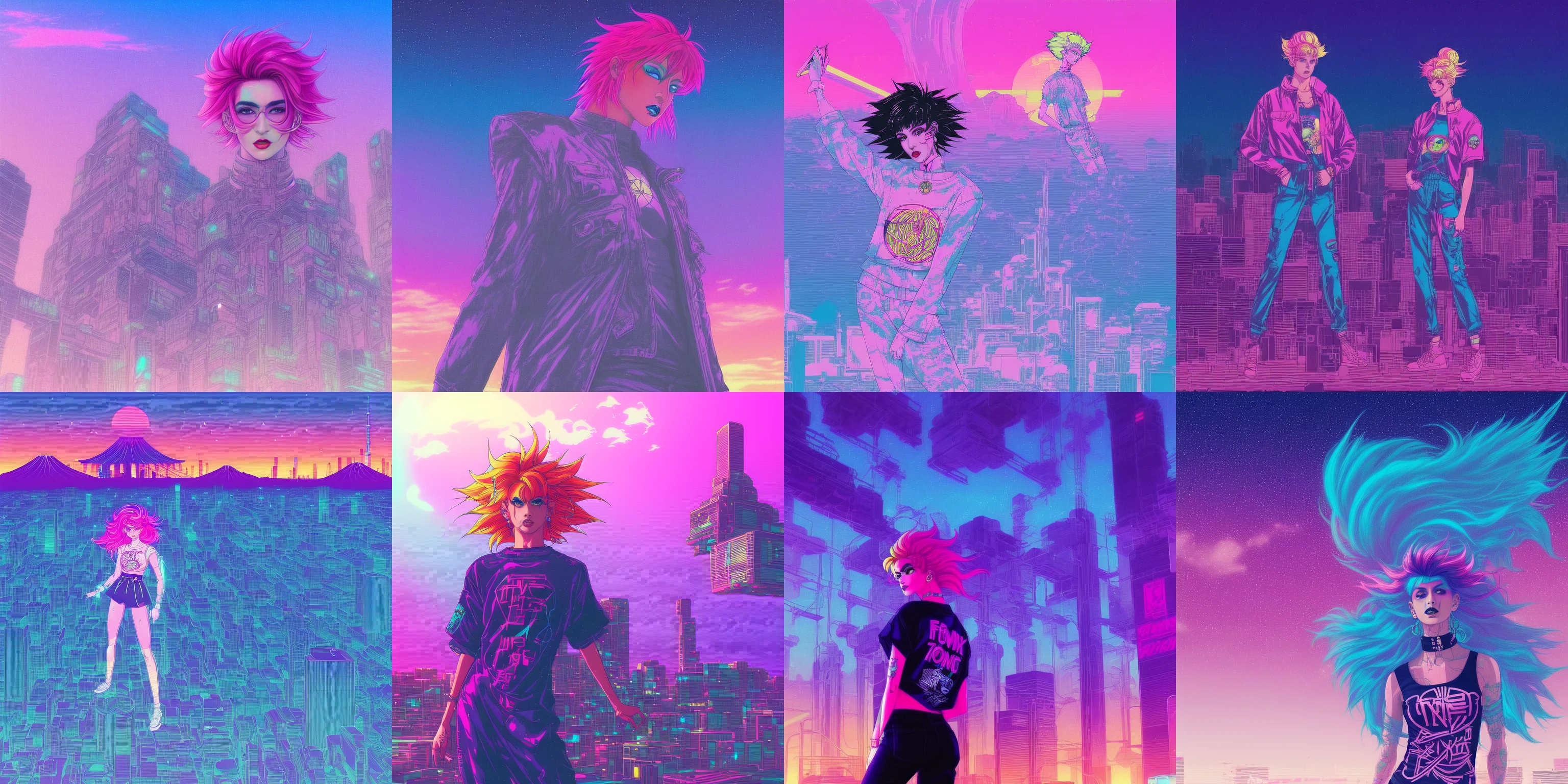 femboy in a long tshirt, punk makeup, vaporwave elements, digital illustration, manga, 90s, naoko takeuchi style, tokyo sunset,wild hair colors, trending on arstation, synthwave, city punk, vivid colors, rim lighting, vapodusk1