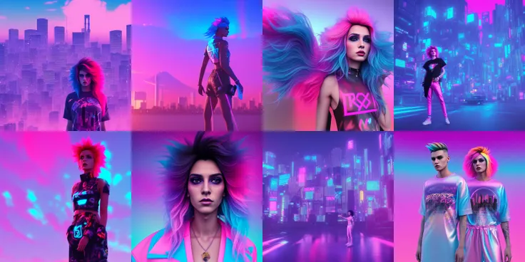 femboy in a long tshirt, punk makeup, vaporwave elements, tokyo sunset,wild hair colors, trending on arstation, synthwave, city punk, vivid colors, rim lighting, octane render, vapodusk1