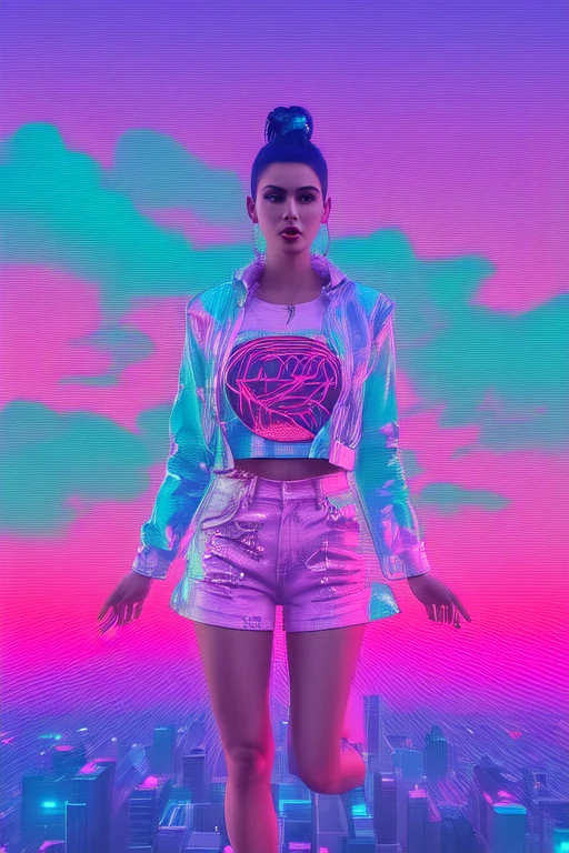 1girl, voluptuous large breasted woman in a long tshirt, punk makeup, vaporwave elements, tarot card, trading card style, tokyo sunset,wild hair colors, trending on arstation, synthwave, city punk, vivid colors, rim lighting, octane render, vapodusk1