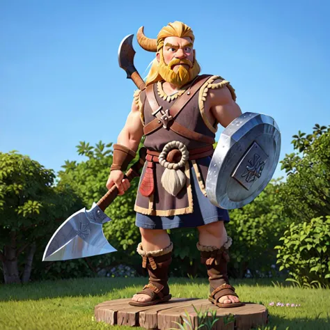 a Viking holding a large bloody axe, standing outdoors