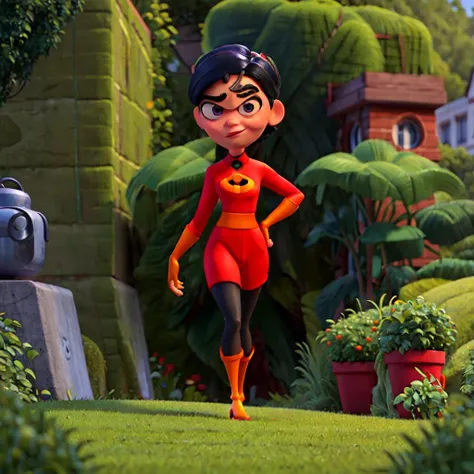 Incredibles, full body shot of Violet Parr <lora:violet_V3:0.9> standing outdoors