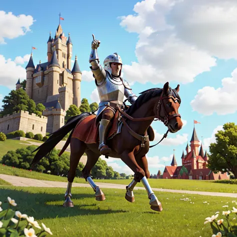 a medieval knight riding a horse in front of a castle