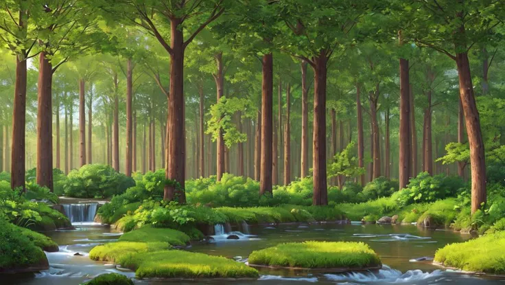 The image should depict a serene natural scene, perhaps a forest or a tranquil meadow, with soft sunlight filtering through the leaves or casting gentle shadows. There should be a sense of interconnectedness and balance among the elements present, whether it's trees, plants, or wildlife. The composition should convey a feeling of harmony and tranquility, with a focal point that draws the viewer into the peaceful atmosphere. Colors should be natural and soothing, with a soft palette that evokes a sense of calmness. The lighting should be warm and gentle, enhancing the overall sense of serenity.