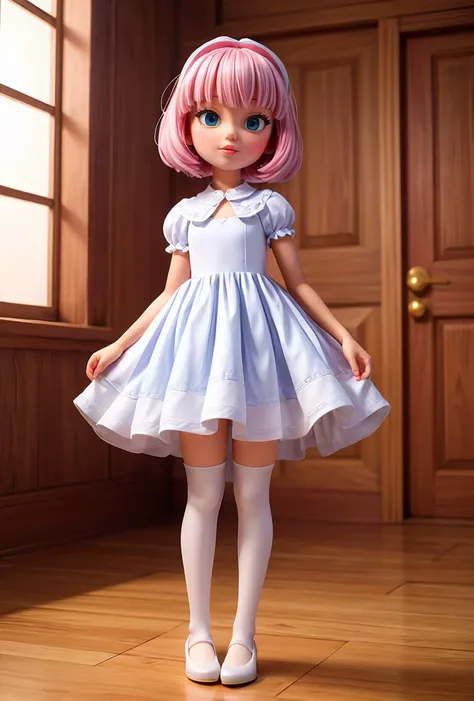 (masterpiece, best quality), 1girl, blue and white frill dress, (white stockings), pink hair, cute face, standing, indoor, intricate detail, sunlight, <lora:add_detail:1>