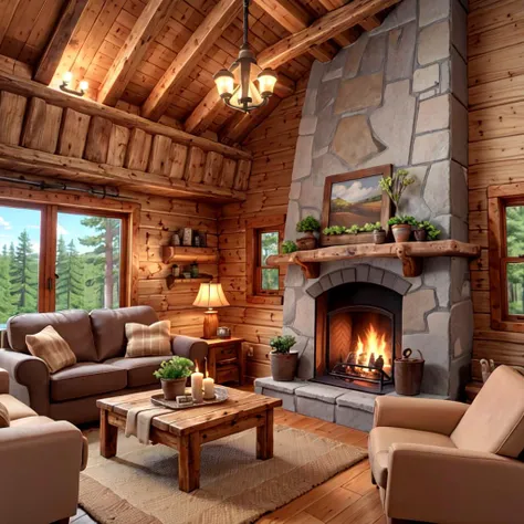 interior setting, a cozy rustic cabin with a fireplace