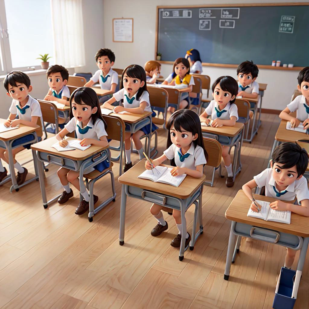 interior setting, a group of students sitting at desks in a school classroom taking a test