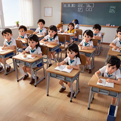 interior setting,  a group of students sitting at desks in a school classroom taking a test