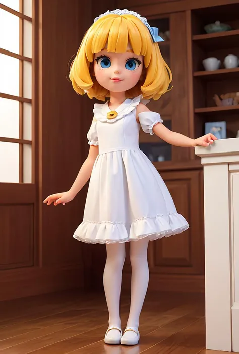 (masterpiece, best quality), 1girl, blue and white frill dress, (white stockings), cute face, standing, indoor, intricate detail, sunlight,