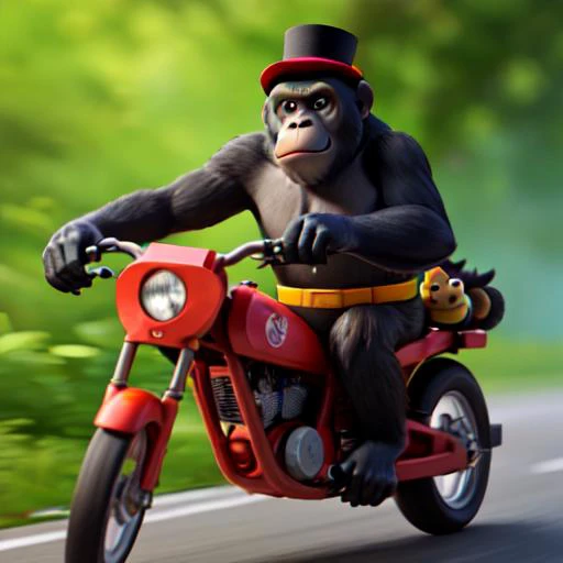 a gorilla with a monkey in bike, angry,  cyberpunk, outdoor, toon \(style\), nature, motion lines, motion blur, with top hat, holding gun,