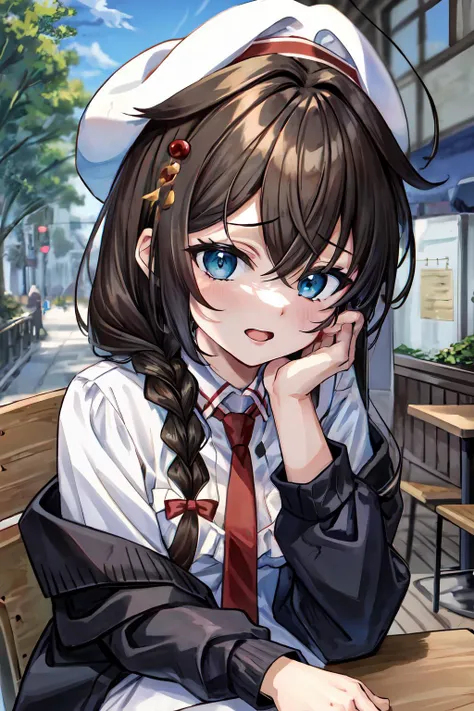 (masterpiece, best quality, illustration, delicate details, 8K:1.2), (studio light, best shadow, picturesque, styleadder),
BREAK, (sharp eyeliner, (symmetric eyes, perfect eyes, detailed eyes), finely detailed beautiful face, perfect anatomy),
BREAK, nice hands, perfect hands, hand by Guido Daniele,
BREAK, 1girl, solo,
BREAK, ShigureKaiSanCasualKC, (long sleeves), hat, (white) beret, (white) shirt, (white) dress, (black) jacket, (red) necktie, hair over shoulder, hair ornament, hair between eyes,
BREAK, (upper body shot), looking at viewer, (facing to viewer), (seductive smile, open mouth:1.2), (sitting, chair, white table, coffee, coffee shop outside, street, city),
BREAK, <lora:add_detail:0.6>, <lora:eyes:0.2>, <lora:ChansonStyleAdder:0.2>, <lyco:hands:1>, <lora:Shigure-10:1>