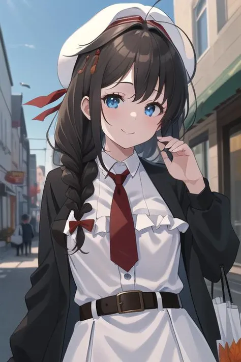 masterpiece, best quality,
1girl, solo,
looking at viewer, town, (autumn_leaves), wind,shopping bag, smile,
<lora:Shigure:0.9>
upper_body,
ShigureKaiSanCasualKC, (long sleeves), hat, (white) beret, (white) shirt, (white) dress, (black) jacket, (red) necktie, brown belt, hair ribbon, frills,
<lora:ichiso_lora_v1-000005:0.7>
