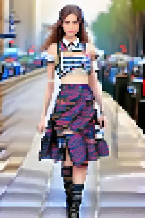 photo of a supermodel with a checkered skirt