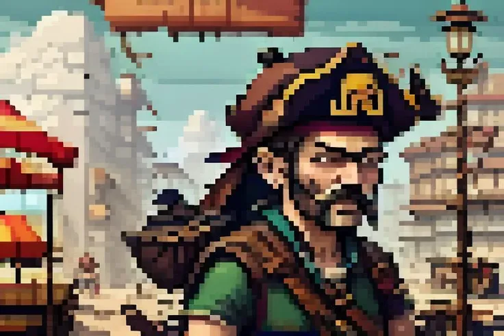 a pirate blending in with the bustling marketplace, looking for (potential targets:1.1)