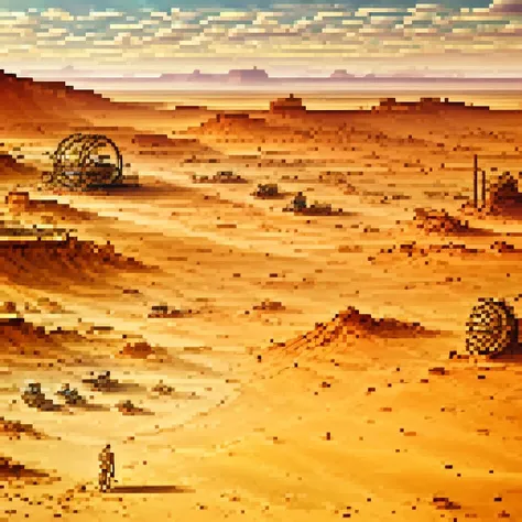 a desert with (mechanical, man-made oases:1.24) providing rest for weary travelers