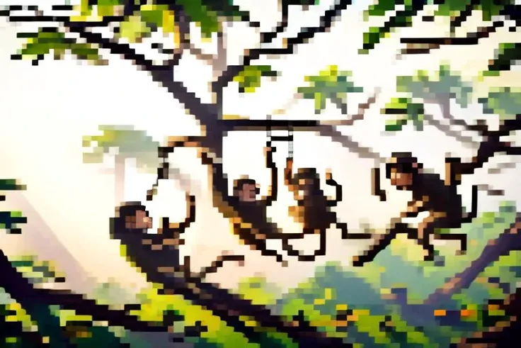 a family of (monkeys:1.16) swinging through a sunlit jungle, baby clinging to mother