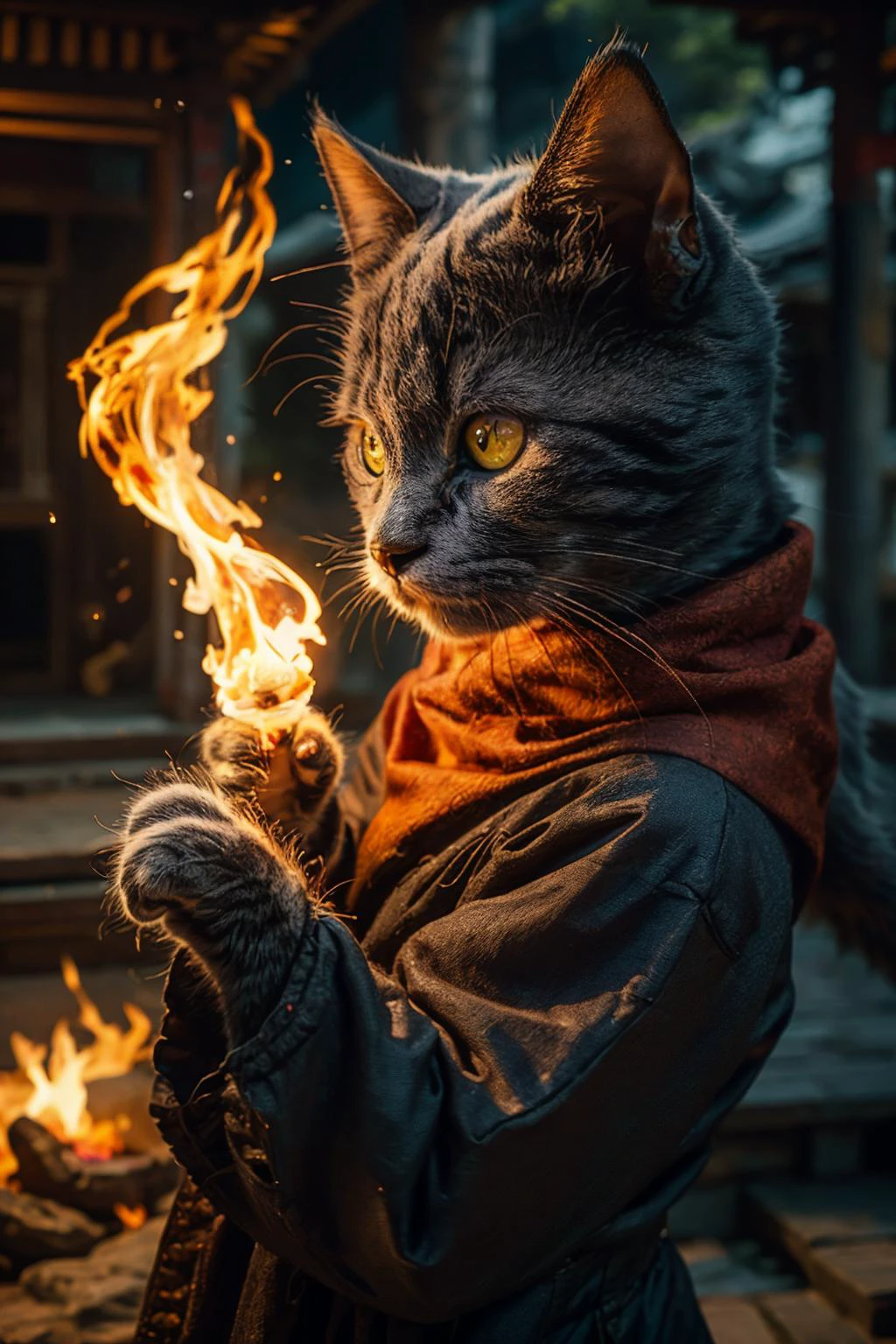 highres, 8k, absurdres, realistic, ((close up)), (yuhuo:1.4), fire ,solo, fierce fire, (Chartreux:1.3), (cat_human:1.55), (cat:1.4), animal_focus, outdoor, landscape, east asian architecture, Light of fire, particle, Physical particle simulation, Physical simulated wind, Light of fire,
<lora:Chartreux_v3-000010:0.35> , <lora:å¾¡ç« V2:0.6>