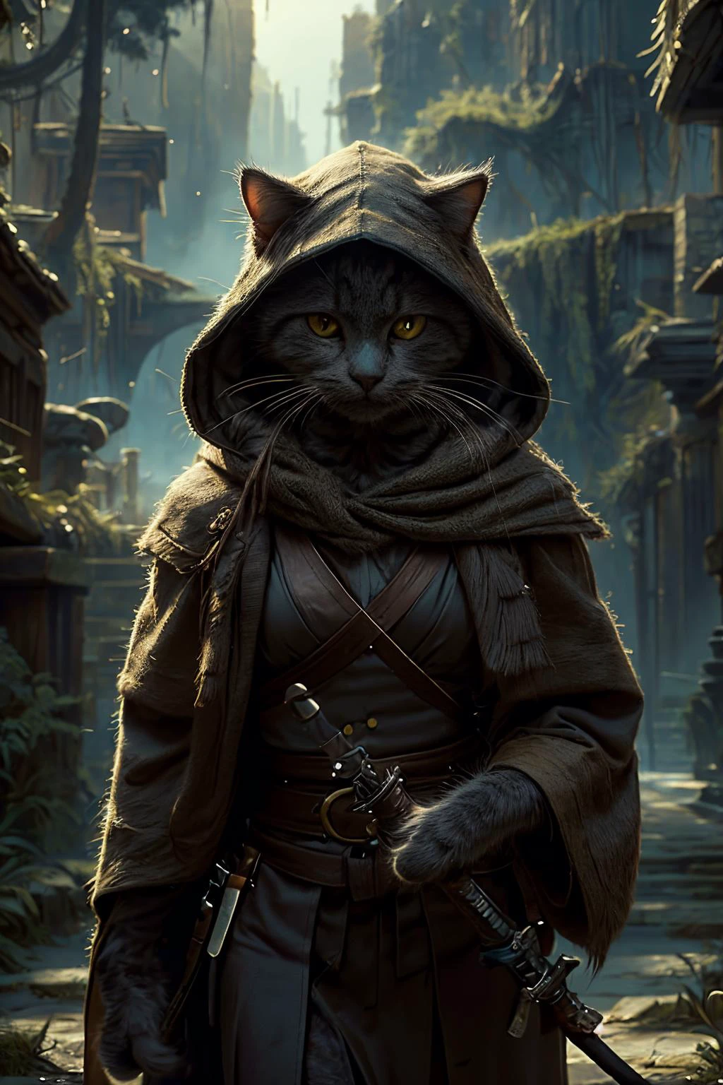 highres, 8k, absurdres, realistic, ((close up)), (tanjoreai:1.4) , (Chartreux:1.3), (cat_human:1.55), (cat:1.4), animal_focus, outdoor, landscape, fantasy world, ancient robe, old cat, long beard, walking, surprised, World of cats, ((assassin_hood)), assassin blades,
<lora:Chartreux_v3-000010:0.45> , <lora:fantasyAI-000008:0.8>