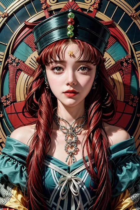 official art, unity 8k wallpaper, ultra detailed, beautiful and aesthetic, beautiful, masterpiece, best quality, (zentangle, mandala, tangle, entangle), highest detailed, solo, <lora:add_detail:0.8>, <lora:Princess Kakyuu:0.6>, Princess Kakyuu,red hair,hair rings, hat,red eyes, dress, forehead mark,retro artstyle,aqua ribbon,makeup, <lora:add_saturation:-2>