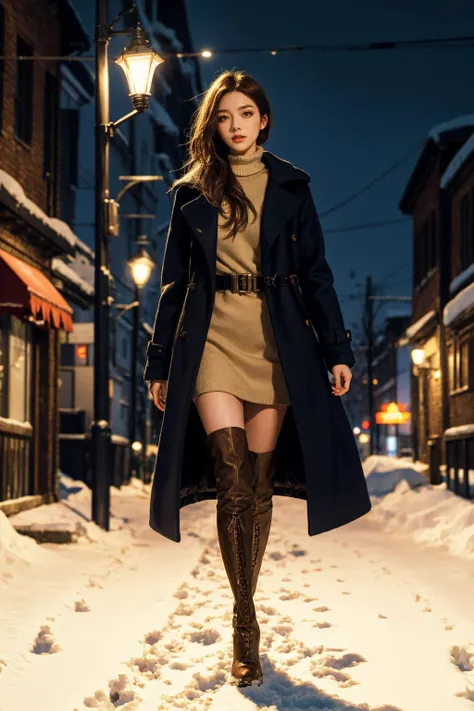 a girl in a long coat, bare legs, thigh boots, walking on a snowy street in the evening, street lamps,, best quality, masterpiece, highres, extremely detailed, sharp focus, cinematic lighting, vibrant colors