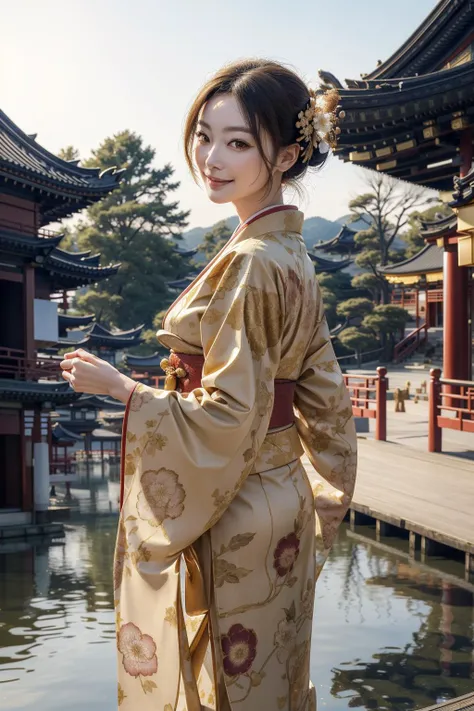 a kimono lady in front of Golden Pavilion Temple, photorealistic, masterpiece, 8k uhd, ultra detailed, detailed face and eyes, extremely intricate, beautiful, perfect anatomy, good hand, good leg, good fingers, 5 fingers, portrait, intricate background, intricate tuexture and fabric on clothing, mild smiling, beautiful, temperament