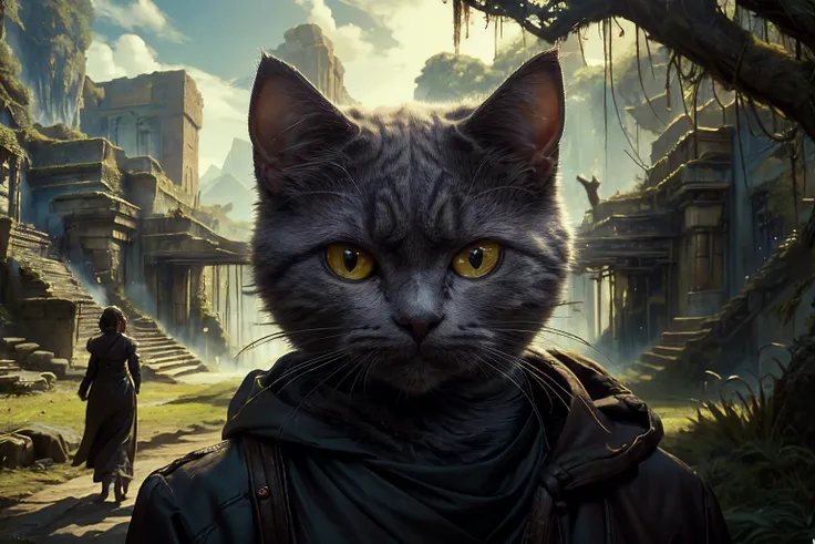 highres, 8k, absurdres, realistic, ((close up)), (tanjoreai:1.4) , (Chartreux:1.3), (cat_human:1.55), (cat:1.4), animal_focus, outdoor, landscape, fantasy world, ancient robe, old cat, long beard, walking, surprised, World of cats,
<lora:Chartreux_v3-000010:0.45> , <lora:fantasyAI-000008:0.8>