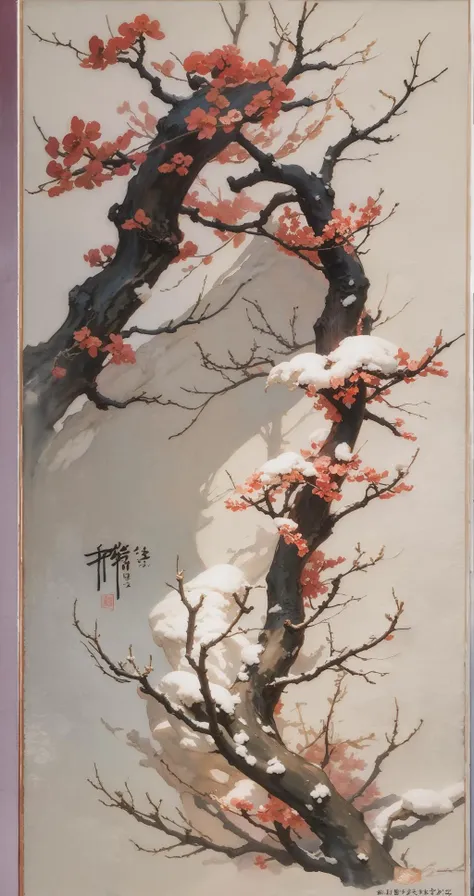 best quality,masterpiece,masterpiece,absurdres,best quality,physically-based rendering,Vivid Colors,Bokeh,ultra-fine painting,(1girl:1.4),(blooming plum blossom),(winter white snow),(hanfu),(stone),(looking_at_viewer),solo,(ink),((watercolor)),(Ink wash painting),((wash painting)),((ink s...)),