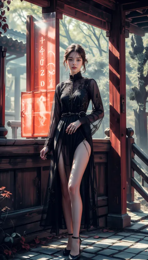 cabelos preto e longos，s delicate face，Goose egg face，largeeyes，long eyelasher，Smoky makeup，Cherry small mouth，There is a charm，Hot figure，Wearing a new Chinese cheongsam，The cheongsam has lace trims and high forks，With an oil-paper umbrella，The feet are dressed with hatred sky-high