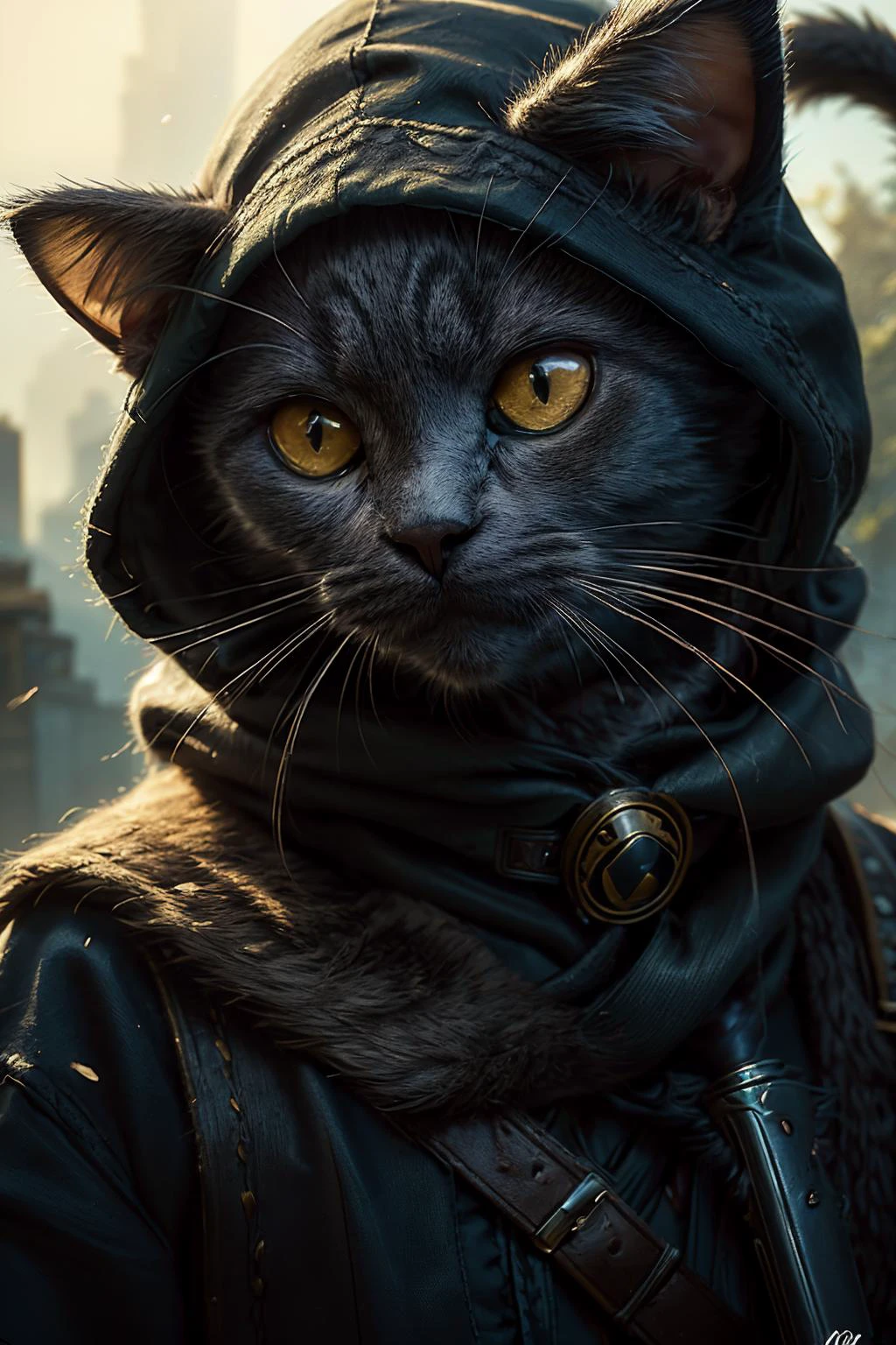 highres, 8k, absurdres, realistic, ((close up)), (tanjoreai:1.4) , (Chartreux:1.3), (cat_human:1.55), (cat:1.4), animal_focus, outdoor, landscape, fantasy world, ancient robe, old cat, long beard, walking, surprised, World of cats, ((assassin_hood)), assassin blades,
<lora:Chartreux_v3-000010:0.45> , <lora:fantasyAI-000008:0.8>