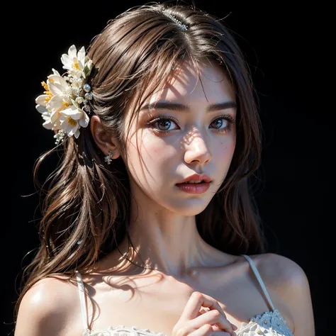 1girl, with wedding dress, photorealistic, masterpiece, 8k uhd, bestres, perfect hands, perfect fingers, perfaect anatomy, beautiful body shape, detailed face and eyes, ultra detailed, extremely intricate accessories, dark background, studio light, with bouquet, full body view