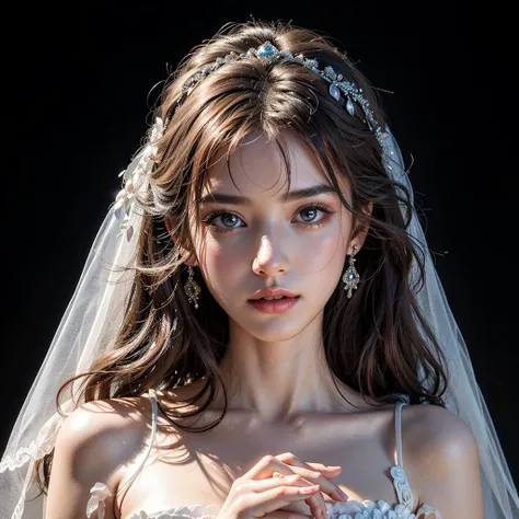1girl, with wedding dress, photorealistic, masterpiece, 8k uhd, bestres, perfect hands, perfect fingers, perfaect anatomy, beautiful body shape, detailed face and eyes, ultra detailed, extremely intricate accessories, dark background, studio light, with bouquet, full-body shot