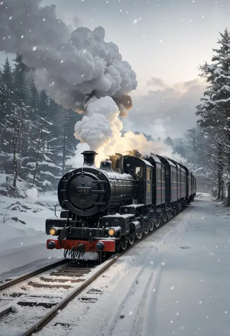 highres, realistic, landscape/scenery, available light, in winter, snowflakes, panorama,
((a steam train running on the tracks)), (it's snowing),