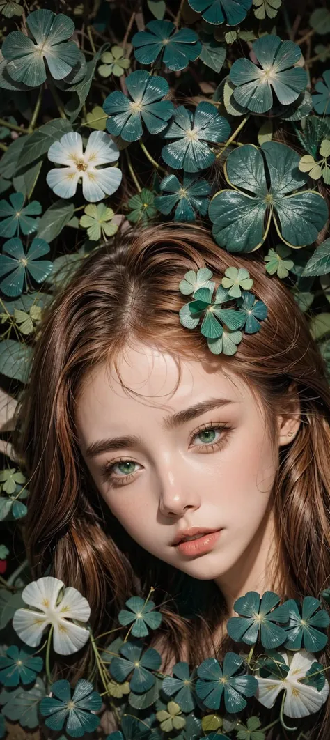 leogirl, seductive leaning forward detailed skin, ultra realistic 8k cg, picture-perfect face, flawless, clean, masterpiece, professional artwork, famous artwork, cinematic lighting, cinematic bloom,((Ginger hair)),(1girl, beautiful korean girl),perfect face, (young:1.2),((fit figure)),((20 year old)), beautiful face, beautiful blue eyes,detail eyes, detail face, (((perfect female body, narrow waist))),<lora:GoodHands-beta2:1>,<lora:more_details:0.5>, ((simple makeup:1)), ((sfw)), four-leaf clover , ((The green four-leaf clover surrounds the girl)), (((green, The Lucky 4-Leaf Clover))), ((girl in Glosbe)), <lora:locon_perfecteyes_v1_from_v1_64_32:0.6>