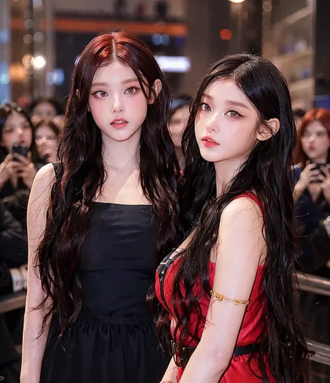 2 Girls, Duo, Looking at viewer, Long Hair, Goth, ((Redhead:1.25)), Red Eyes, Gothic Girl, <lora:HN:0.85> <lora:breastsizeslideroffset:0.35> Large Breasts, Sexy Girls,