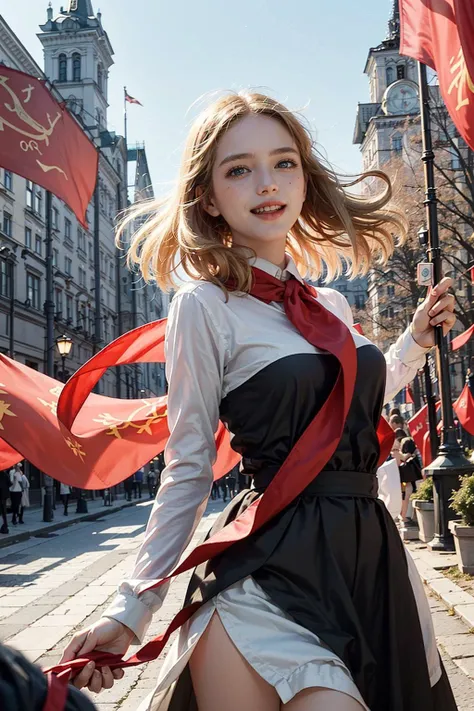 1girl, laughing, blonde hair, blue eyes, sopi, soviet pioneers, soviet flag, Subtle narrative, festive atmosphere, atmospheric perspective, dynamic movement, ethereal quality,solo,low fantasy,Lively Brushwork, Striking Composition, Psychedelic Imagery,