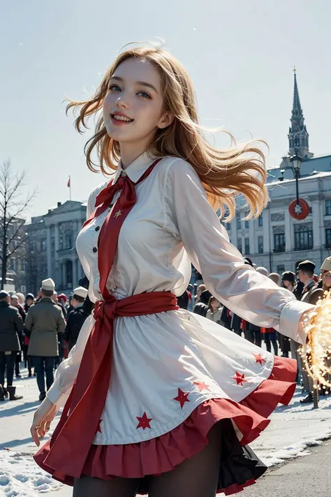 1girl, laughing, blonde hair, blue eyes, sopi, soviet pioneers, soviet flag, Subtle narrative, festive atmosphere, atmospheric perspective, dynamic movement, ethereal quality,solo,low fantasy,Lively Brushwork, Striking Composition, Psychedelic Imagery,