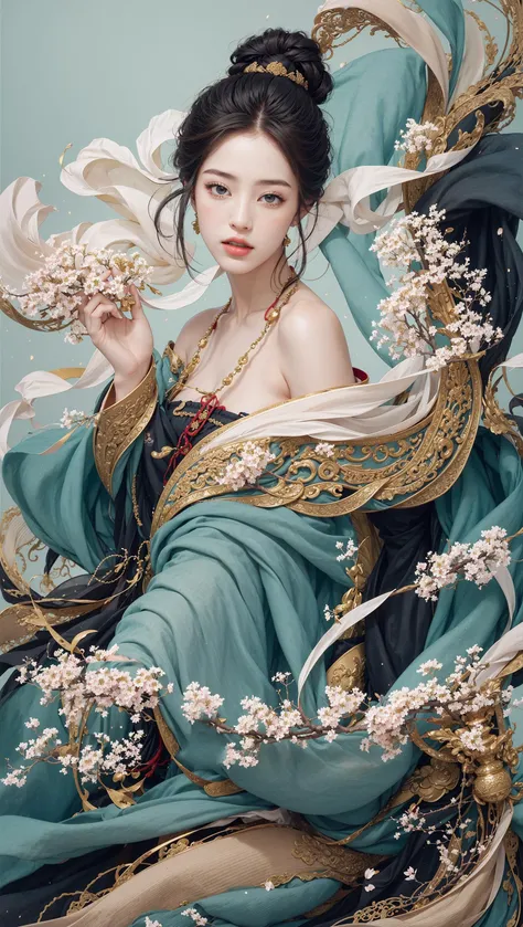 zhongfenghua,1girl,solo,umbralla,see through hanfu,flower field,blossom,ancient chinese architecture,cloud and mountain,(photorealistic:1.4),official art,unity 8k wallpaper,ultra detailed,beautiful and aesthetic,masterpiece,best quality,(dynamic angle:1.4),glowing skin,(floating colorful sparkles:1) the most beautiful form of chaos,elegant,vivid colours,romanticism,full body,<lora:qianjinghui:0.5> (solo),