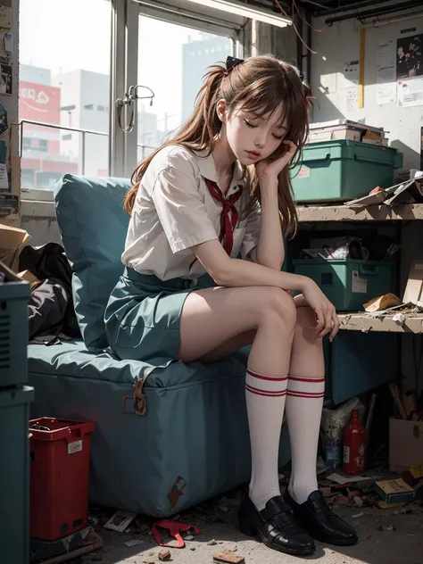 1girl, dynamic angle, (abstract background:1.3), octane render, looking down, Sunlight, L USM, official art, unity 8k wallpaper, ultra detailed, aesthetic, masterpiece, best quality, photorealistic, cyberpunk car workshop garage, (Clutter-Mechanical), souryuuasukalangley, tokyo-3_middle_school_uniform, red ribbon, white shirt, school_uniform, white socks, leaning against the wall, closed eyes, sleeping, <lora:souryuuasukalangleyV9:0.8>, indoors, science fiction, cyberpunk,