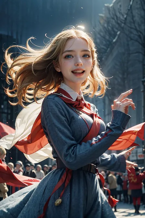 1girl, laughing, blonde hair, blue eyes, sopi, soviet pioneers, soviet flag, Subtle narrative, festive atmosphere, atmospheric perspective, dynamic movement, ethereal quality,solo,low fantasy,Lively Brushwork, Striking Composition, Psychedelic Imagery,