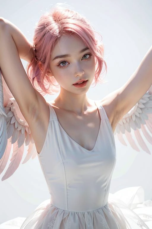 white background, 1girl, pink hair, angel wings, white dress, glowing skin, arms up