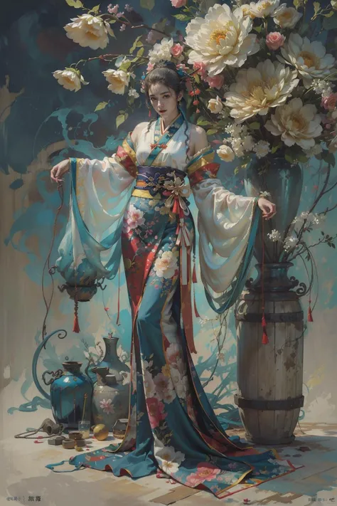 Ambilight,masterpiece,ultra-high quality,(ultra detailed original illustration),((hanfu fashion)),clean cloth,flower blossom background,double exposure,fussion of fluid abstract art,(original illustration composition),( fusion of limited color, maximalism artstyle, geometric artstyle, junk art),<lora:Ambilight-pynoiseloha:0.6>,<lora:zhongfenghuaxiyou:0.5>,zhongfenghua,
