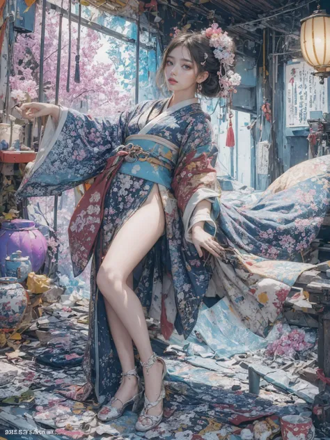 (masterpiece, top quality, best quality, official art, beautiful and aesthetic:1.2), (1girl:1.3), full body,glitch art, (digital distortion), pixelated fragments, data corruption,colorful noise, visual chaos,contemporary aesthetics,kimono made from paint, ultra detailed texture kimono,many colors,colorful,lanterns,china,indoor,